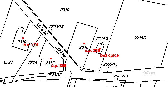 Hloubětín 229, Praha na parcele st. 2315 v KÚ Hloubětín, Katastrální mapa