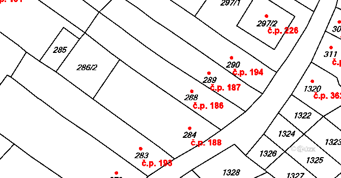 Spytihněv 186 na parcele st. 288 v KÚ Spytihněv, Katastrální mapa