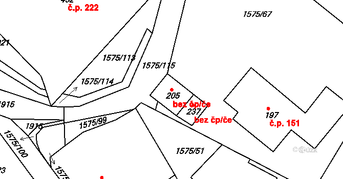 Hrádek 42865808 na parcele st. 205 v KÚ Hrádek u Rokycan, Katastrální mapa