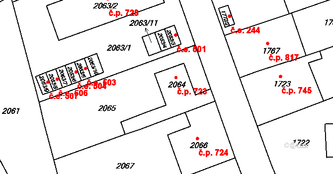 Bučovice 723 na parcele st. 2064 v KÚ Bučovice, Katastrální mapa