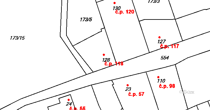 Tachlovice 118 na parcele st. 128 v KÚ Tachlovice, Katastrální mapa