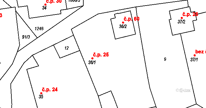 Chrbonín 25 na parcele st. 36/1 v KÚ Chrbonín, Katastrální mapa