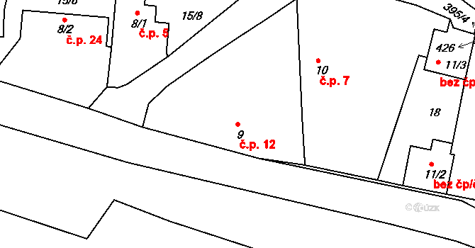 Třebiště 12, Skalice na parcele st. 9 v KÚ Třebiště, Katastrální mapa
