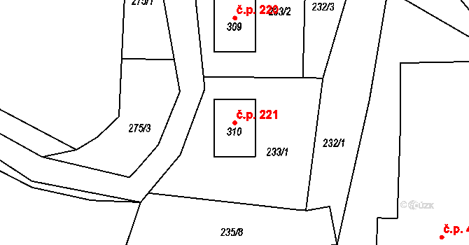 Velký Dřevíč 221, Hronov na parcele st. 310 v KÚ Velký Dřevíč, Katastrální mapa