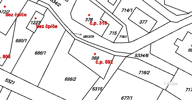 Mikulášovice 592 na parcele st. 369 v KÚ Mikulášovice, Katastrální mapa