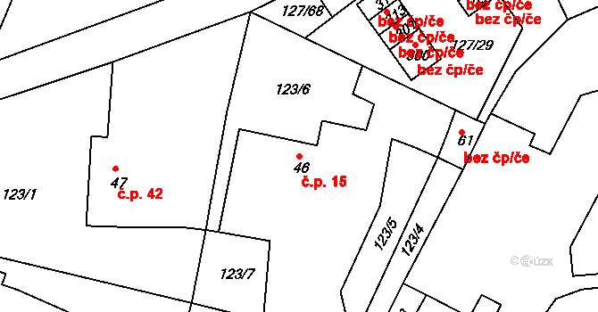 Okrouhlice 15 na parcele st. 46 v KÚ Okrouhlice, Katastrální mapa
