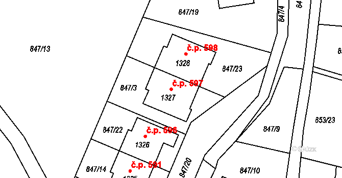 Příluky 597, Zlín na parcele st. 1327 v KÚ Příluky u Zlína, Katastrální mapa