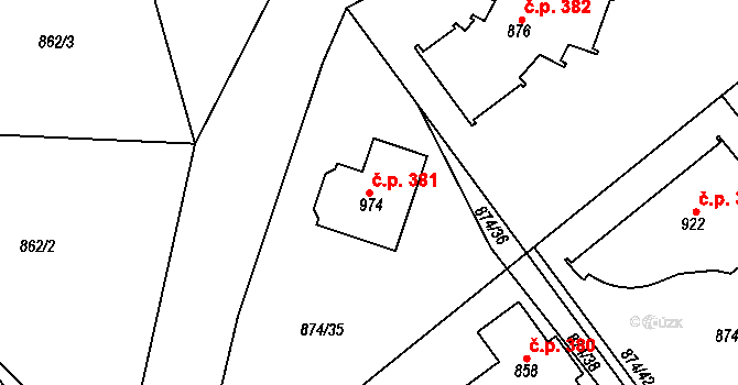 Želivec 381, Sulice na parcele st. 974 v KÚ Sulice, Katastrální mapa