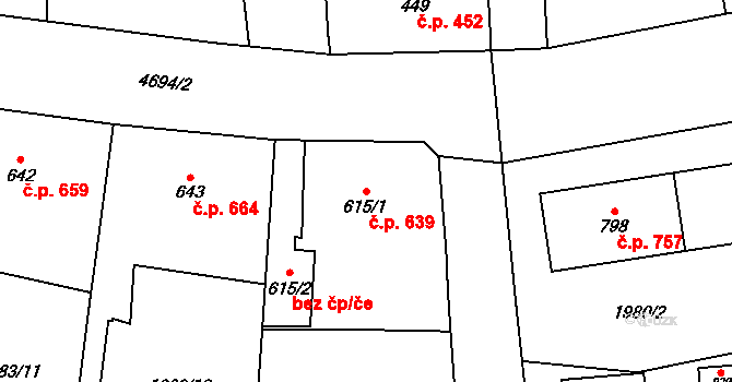 Hrušovany nad Jevišovkou 639 na parcele st. 615/1 v KÚ Hrušovany nad Jevišovkou, Katastrální mapa