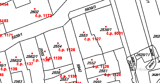 Jihlava 1127 na parcele st. 2553 v KÚ Jihlava, Katastrální mapa