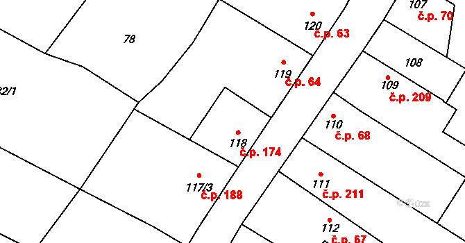 Rožďalovice 174 na parcele st. 118 v KÚ Rožďalovice, Katastrální mapa