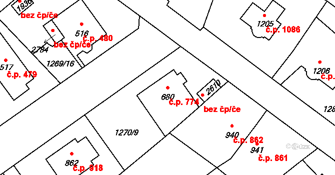 Říčany 774 na parcele st. 680 v KÚ Říčany u Prahy, Katastrální mapa