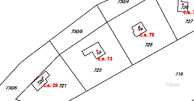 Popůvky 73 na parcele st. 722 v KÚ Popůvky u Brna, Katastrální mapa