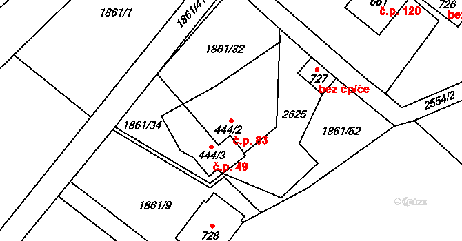 Horní Lomná 83 na parcele st. 444/2 v KÚ Horní Lomná, Katastrální mapa