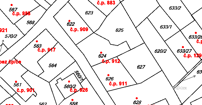 Hořovice 912 na parcele st. 624 v KÚ Velká Víska, Katastrální mapa