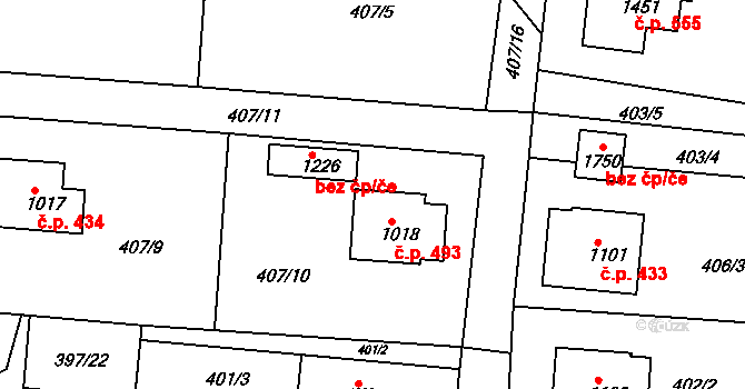 Prostřední Bečva 493 na parcele st. 1018 v KÚ Prostřední Bečva, Katastrální mapa