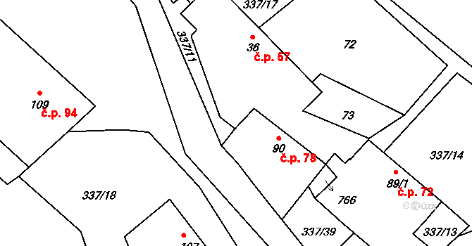 Dobronice u Bechyně 78 na parcele st. 90 v KÚ Dobronice u Bechyně, Katastrální mapa