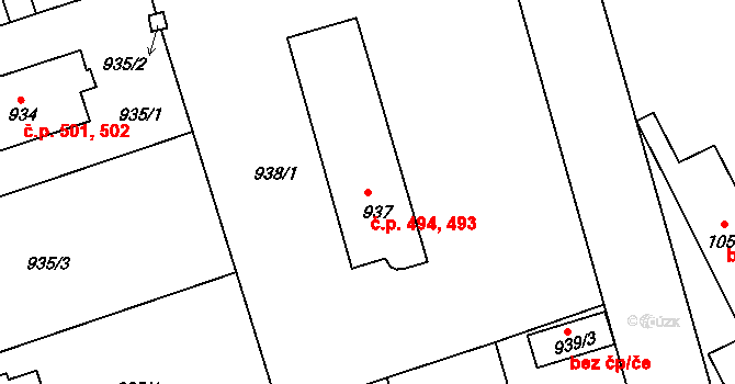 Volyně 493,494 na parcele st. 937 v KÚ Volyně, Katastrální mapa