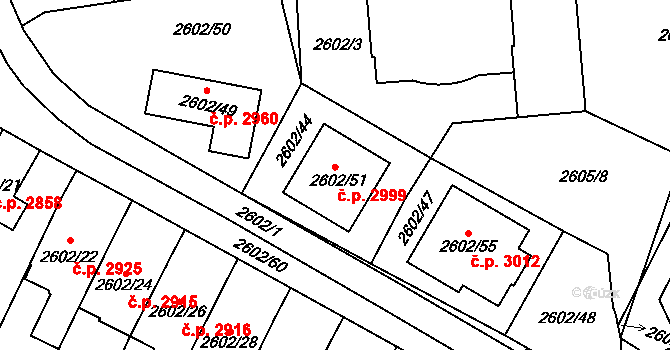Teplice 2999 na parcele st. 2602/51 v KÚ Teplice, Katastrální mapa