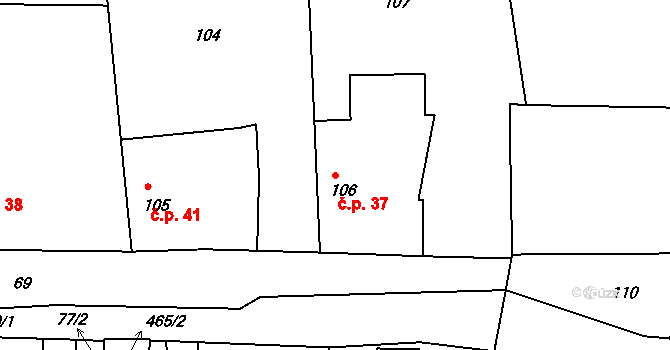Mělnická Vrutice 37, Velký Borek na parcele st. 106 v KÚ Mělnická Vrutice, Katastrální mapa