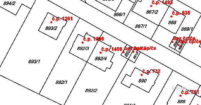 Braník 1408, Praha na parcele st. 892/4 v KÚ Braník, Katastrální mapa