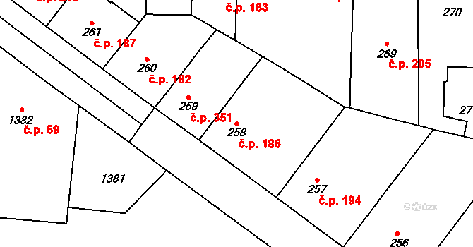 Vršovice 186, Praha na parcele st. 258 v KÚ Vršovice, Katastrální mapa