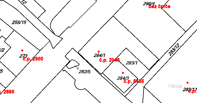 Chomutov 2043 na parcele st. 284/1 v KÚ Chomutov II, Katastrální mapa