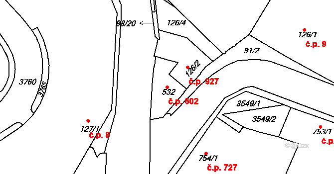 Rosice 602 na parcele st. 532 v KÚ Rosice u Brna, Katastrální mapa