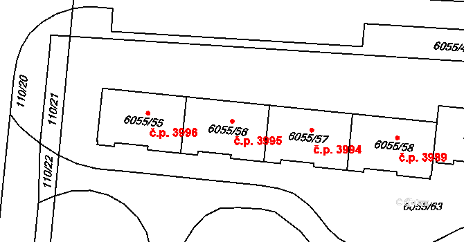 Prostějov 3995 na parcele st. 6055/56 v KÚ Prostějov, Katastrální mapa