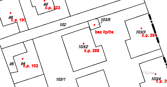 Antonínův Důl 288, Jihlava na parcele st. 103/2 v KÚ Antonínův Důl, Katastrální mapa