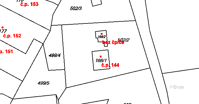 Stará Rudná 144, Rudná pod Pradědem na parcele st. 166/1 v KÚ Stará Rudná, Katastrální mapa
