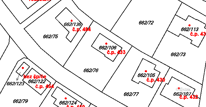 Lipůvka 433 na parcele st. 662/106 v KÚ Lipůvka, Katastrální mapa