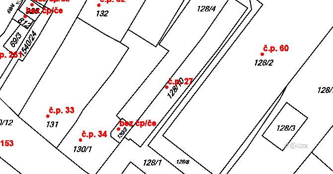 Údlice 27 na parcele st. 128/10 v KÚ Údlice, Katastrální mapa