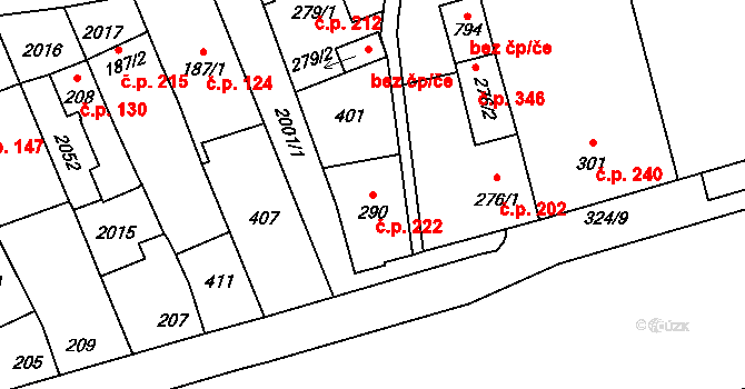 Louky 222, Zlín na parcele st. 290 v KÚ Louky nad Dřevnicí, Katastrální mapa