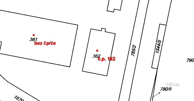 Ústí 182 na parcele st. 362 v KÚ Ústí u Vsetína, Katastrální mapa