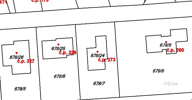 Chlebičov 273 na parcele st. 678/24 v KÚ Chlebičov, Katastrální mapa