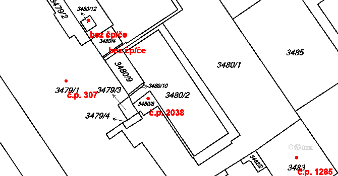 Černá Pole 2038, Brno na parcele st. 3480/2 v KÚ Černá Pole, Katastrální mapa