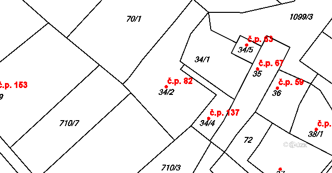Horní Počaply 82 na parcele st. 34/2 v KÚ Horní Počaply, Katastrální mapa