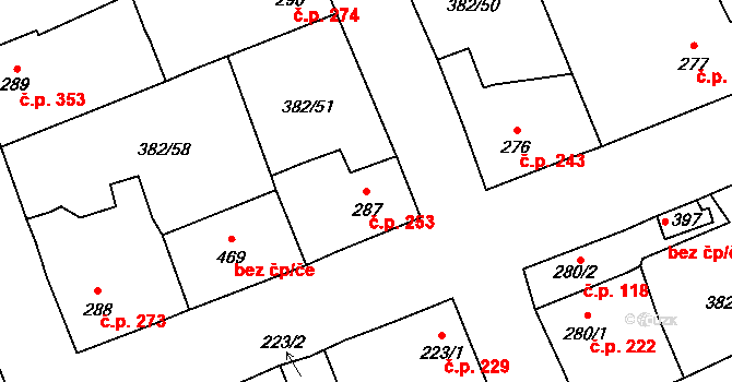 Rudná 253 na parcele st. 287 v KÚ Dušníky u Rudné, Katastrální mapa