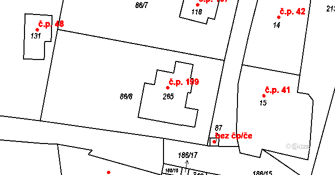 Hradešín 199 na parcele st. 265 v KÚ Hradešín, Katastrální mapa