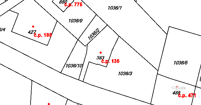 Mořkov 135 na parcele st. 383 v KÚ Mořkov, Katastrální mapa