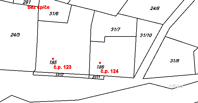 Svojetín 124 na parcele st. 186 v KÚ Svojetín, Katastrální mapa