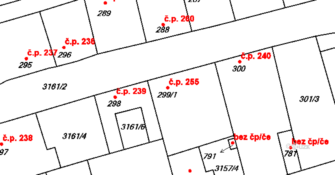Kryry 255 na parcele st. 299/1 v KÚ Kryry, Katastrální mapa