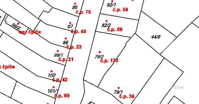 Lískovec 133, Koryčany na parcele st. 79/2 v KÚ Lískovec, Katastrální mapa