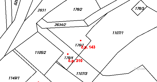 Valkeřice 143 na parcele st. 176/1 v KÚ Valkeřice, Katastrální mapa
