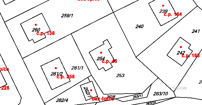 Černé Budy 45, Sázava na parcele st. 254 v KÚ Černé Budy, Katastrální mapa