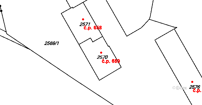 Lyžbice 659, Třinec na parcele st. 2570 v KÚ Lyžbice, Katastrální mapa