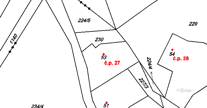 Chotiměř 27 na parcele st. 53 v KÚ Chotiměř, Katastrální mapa