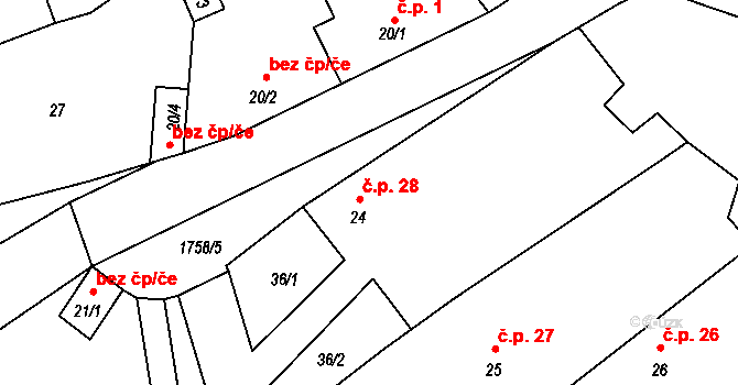 Ohrazenice 28, Jaroměřice nad Rokytnou na parcele st. 24 v KÚ Ohrazenice na Moravě, Katastrální mapa