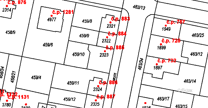 Horka-Domky 885, Třebíč na parcele st. 2323 v KÚ Třebíč, Katastrální mapa